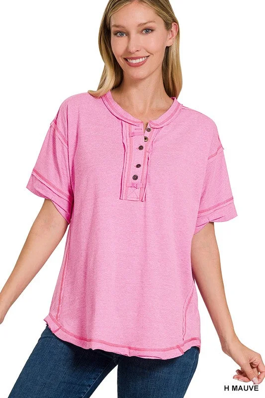 Special Price RAW EDGE DETAILED BUTTON CLOSURE SHORT SLEEVE TOP