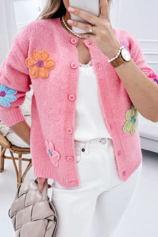 Weekend Specials to Delight Cute Knitted Floral Pattern Button Up Cardigan