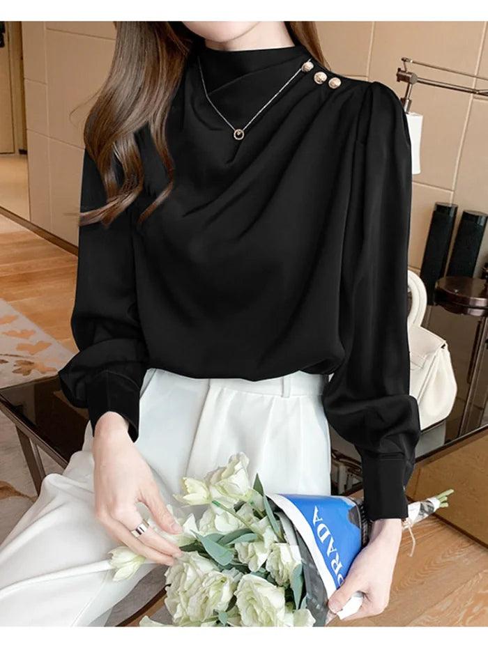 Now or Never Black Satin Blouse Long Sleeve