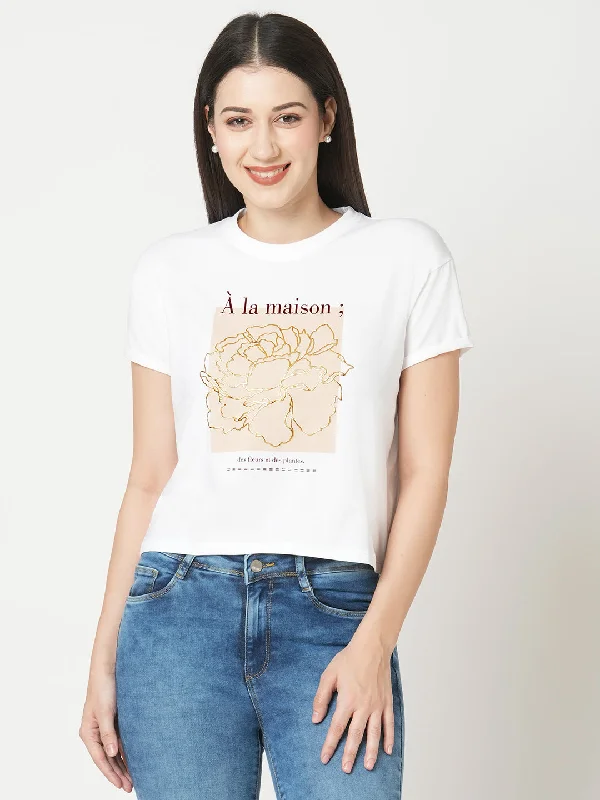 Weekend Bargains to Enjoy Women Slim Fit White Crop Chest Print T-Shirt