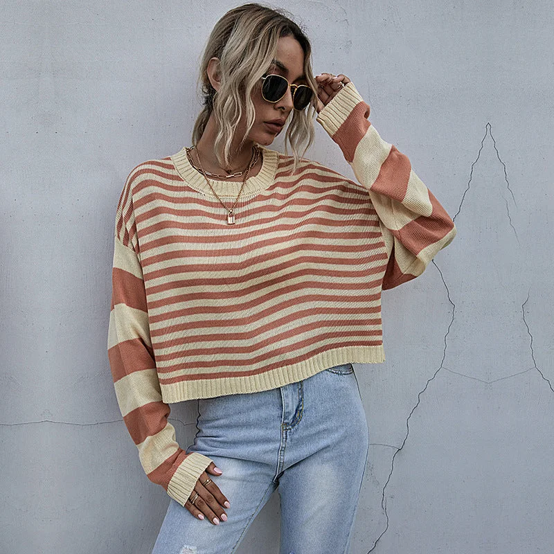 Unbeatable Prices Orange Short Color Clash Striped Sweater Wholesale Women Clothing