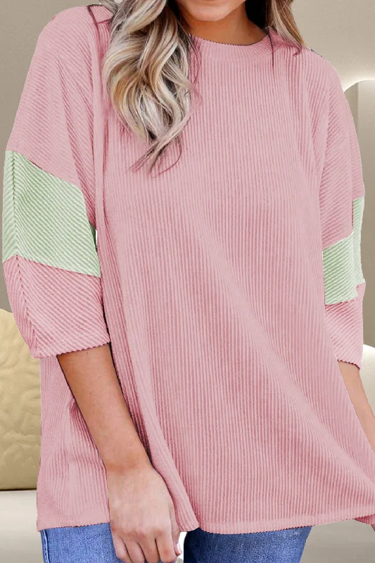 Year-End Sale Color Block Round Neck Three-Quarter Sleeve Blouse
