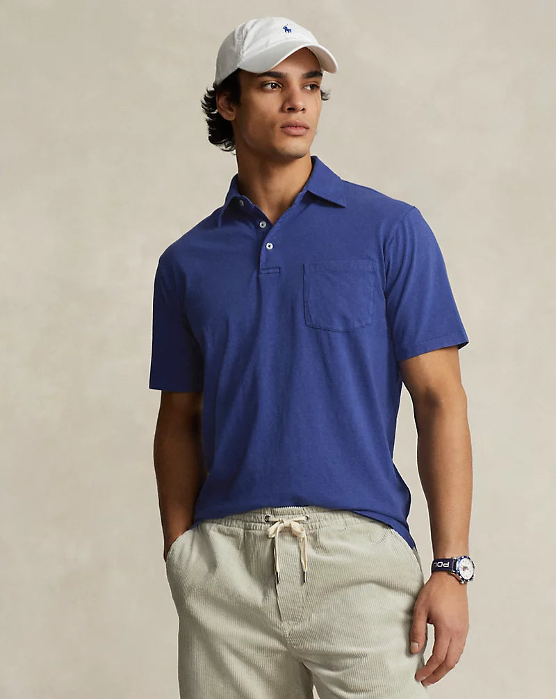 Discount Mania Short Sleeve Cotton Linen Polo with Pocket in Beach Royal