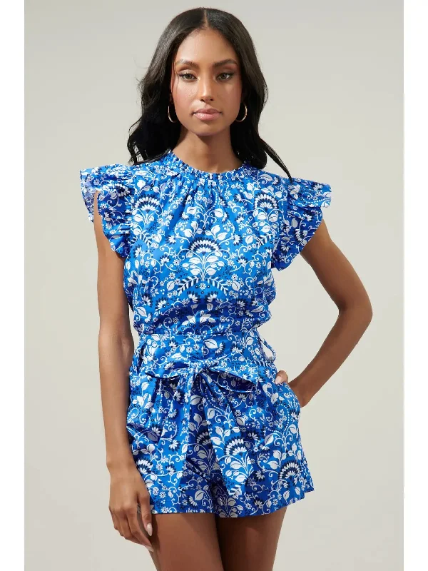 Limited Time Lulu Floral Veda Cap Sleeve Top LTBLUE-WHITE