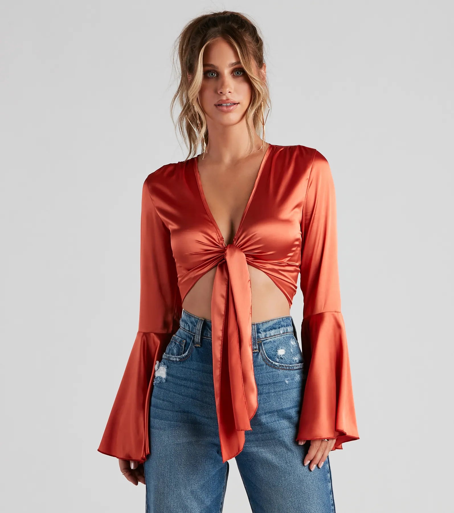 Price Reduction Speechless Satin Tie-Front Top