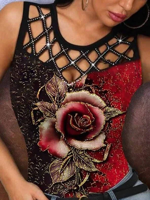 Savings Spectacular Street Print Hollowed Out Hot Drill O Neck Tops