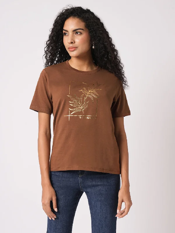 Final Sale Women Slim Fit Sepia Boxy T-Shirt Chest Print