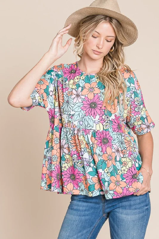 Weekend Deals That Dazzle BOMBOM Floral Round Neck Short Sleeve Blouse