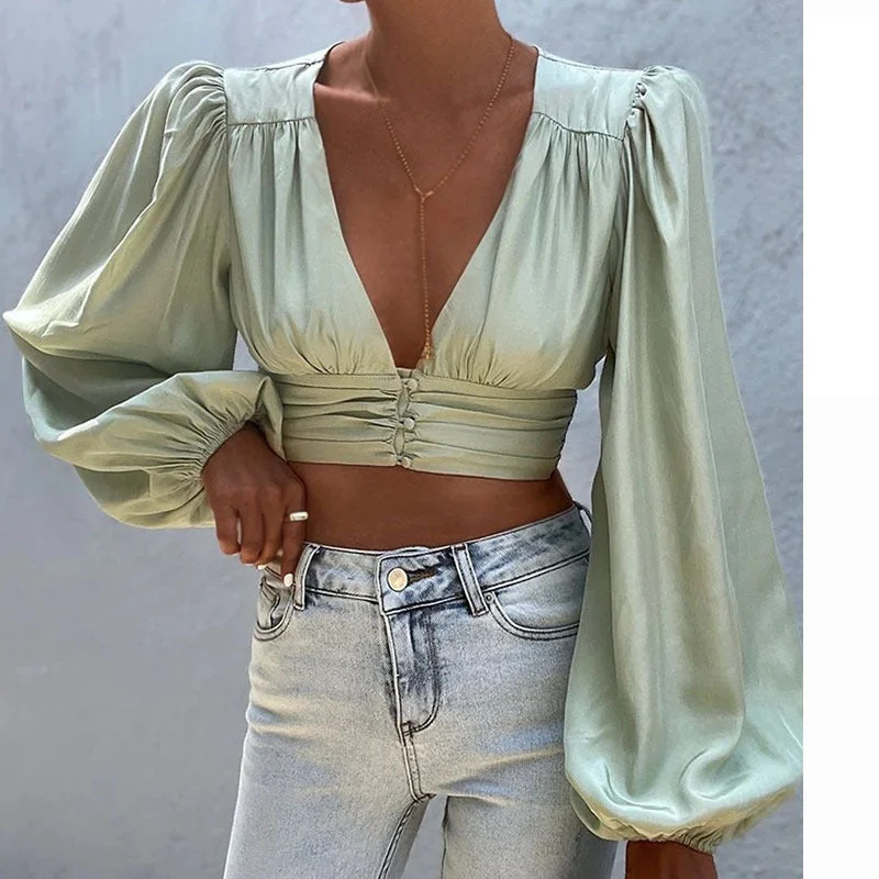 Epic Deals Temperament Fashion Sexy V-Neck Long-Sleeved Back Tie Crop Tops Wholesale Women Tops