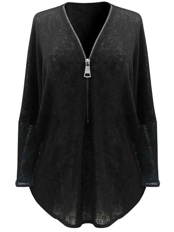 Act Now Black Sheer Zip-Up Long Sleeve Sweater Blouse Size Medium