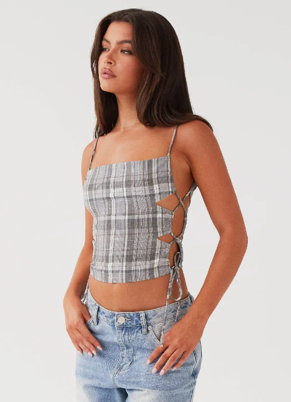 Quick Sale Trista Tie Top - Grey Tartan