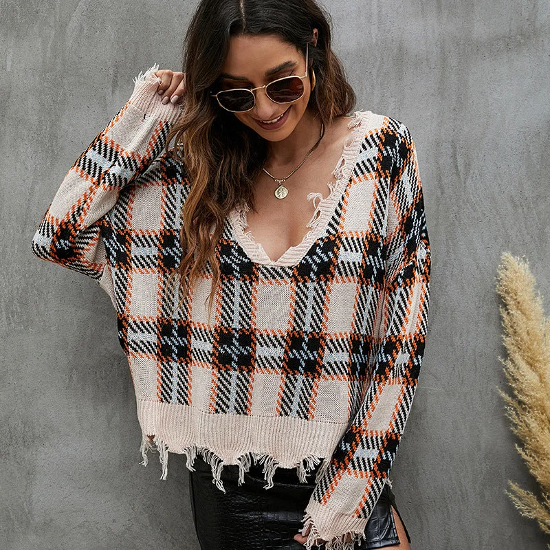 Super Deal V-Neck Pullover Fashion Women's Checkered Loose Wholesale Knitted Sweater Super Deal V-Neck Pullover Fashion Women's Checkered Loose Wholesale Knitted Sweater