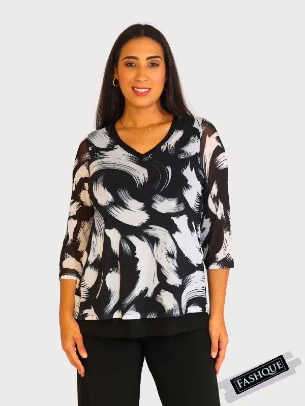 Unbeatable Prices FASHQUE - V NECK MULTI MEDIA WITH MESH LAYERED 3/4 SLEEVS TOP  - T2103