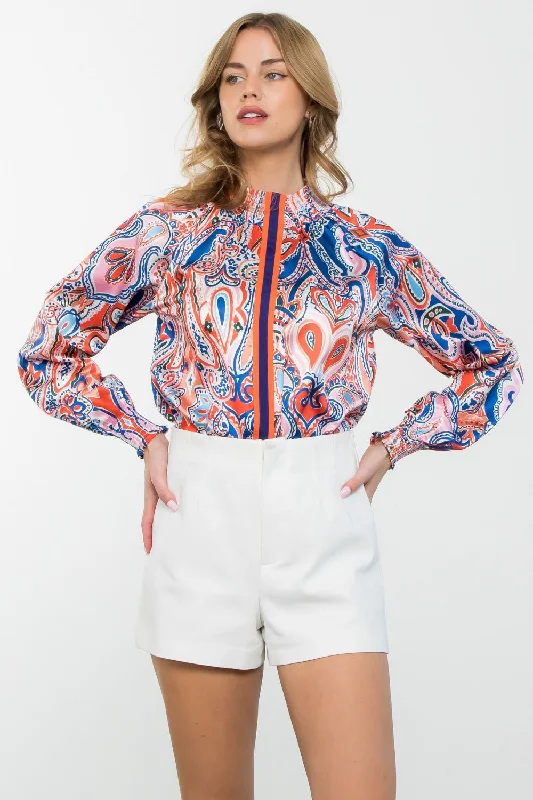 Best Seller THML Smocked Neck Long Sleeve Blouse - MULTI