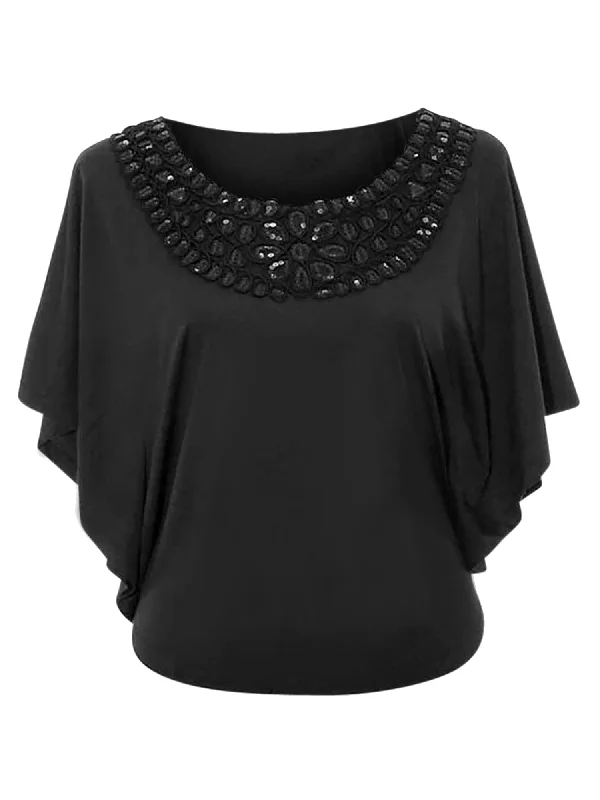 Final Markdown Black Womens Blouse With Sequin Scoop Neckline Size Small