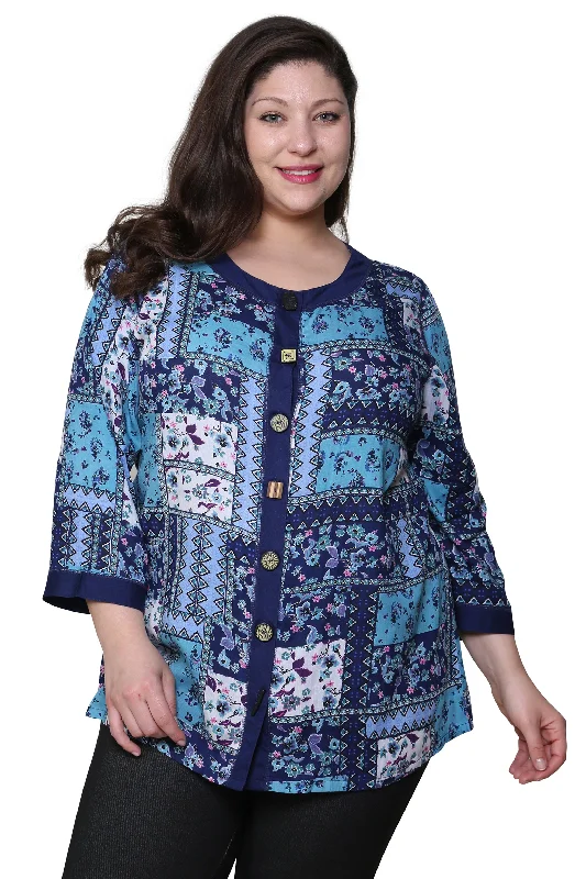 Huge Savings Plus Size La Cera Blue Patchwork Top