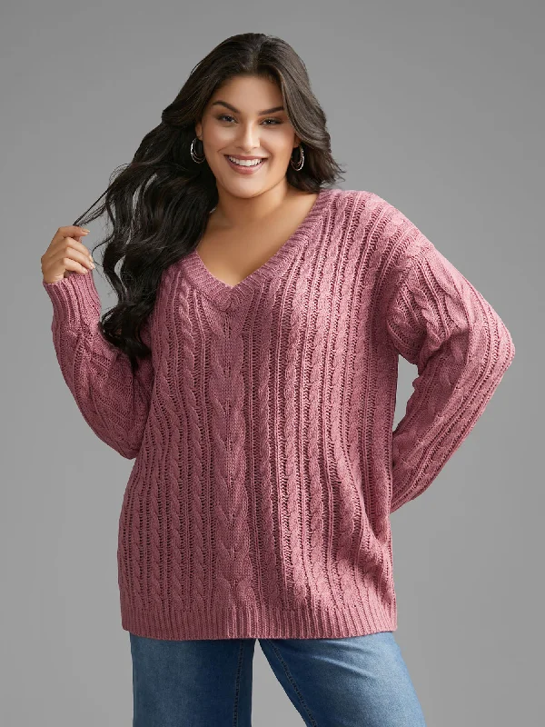 Year-End Sale V Neck Texture Cable Knit Pullover