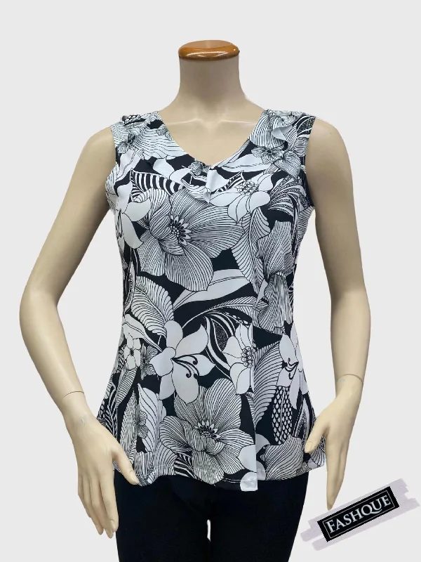 Take Advantage FASHQUE - Chic Sleeveless V-Neck Digital Top with Ruffle Neckline - T2036-8050