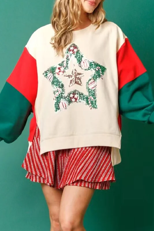 The Best Deal Apricot Sequin Christmas Star Color Block Sleeve Side Slits Sweatshirt