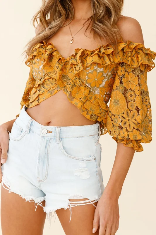 Huge Savings Rosarito Balloon Sleeve Halterneck Lace Crop Top Mustard/Olive