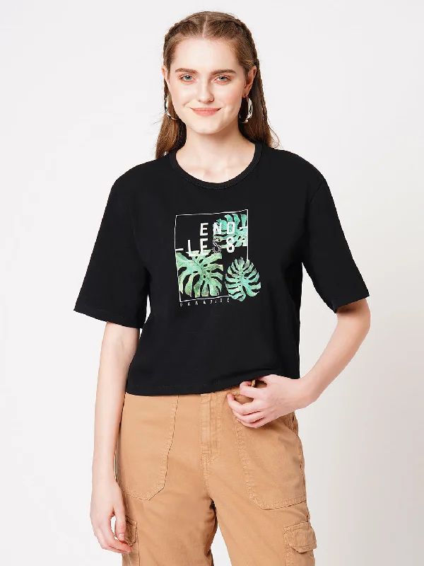 Weekend Bargains to Celebrate Women Slim Fit Black Crop Chest Print T-Shirt
