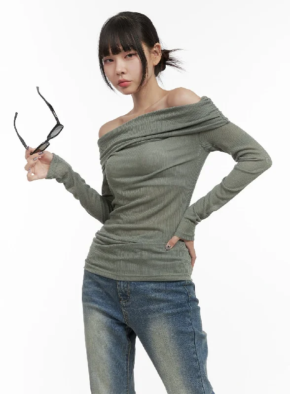 Early Bird Ribbed Off-Shoulder Slim Fit TShirt OO401