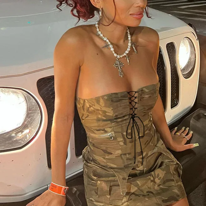 Weekend Special Tooling Camouflage Strap Zipper Irregular Tube Top Wholesale Women Tops