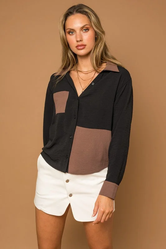 Year-End Sale Long Sleeve Contrast Button Down Top