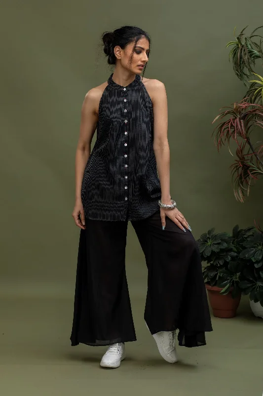 Deep Savings Handwoven Black Stripe Chanderi Cotton Halter Neck Top