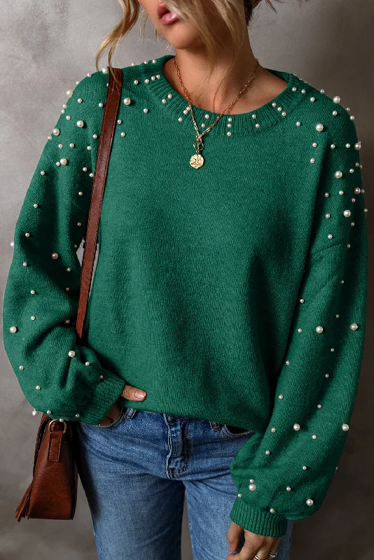 Instant Discount KaleaBoutique Pearled Drop Shoulder Round Neck Sweater