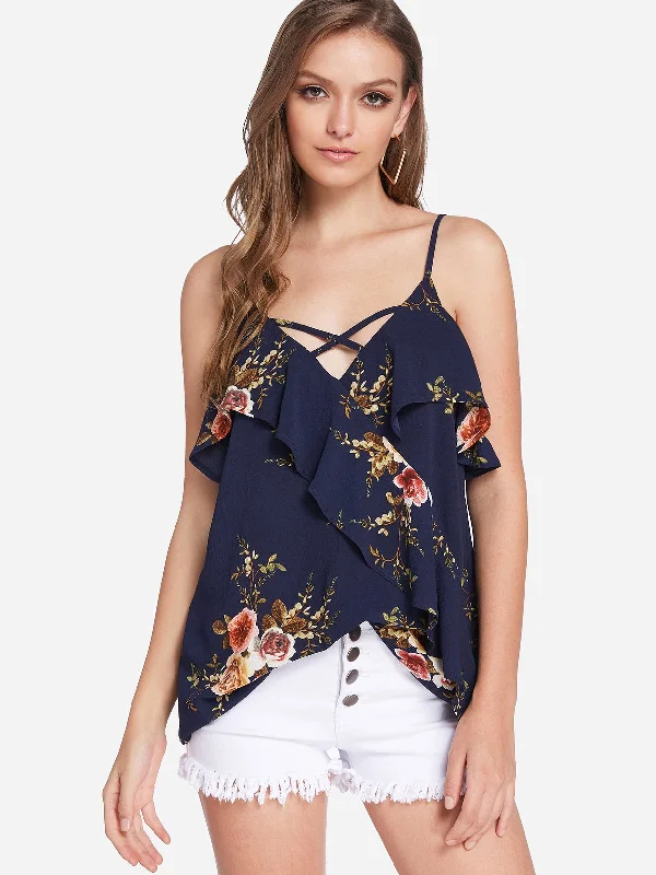 Mega Sale Custom V-Neck Floral Print Crossed Front Backless Spaghetti Strap Sleeveless Flounced Hem Navy Camis