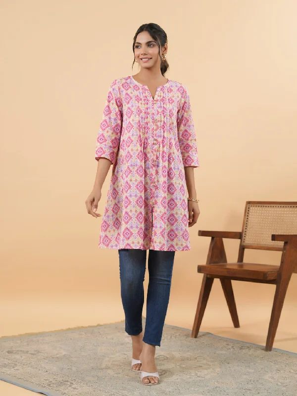 Deal Dash Pink Cotton Ikkat Pleated Tunic