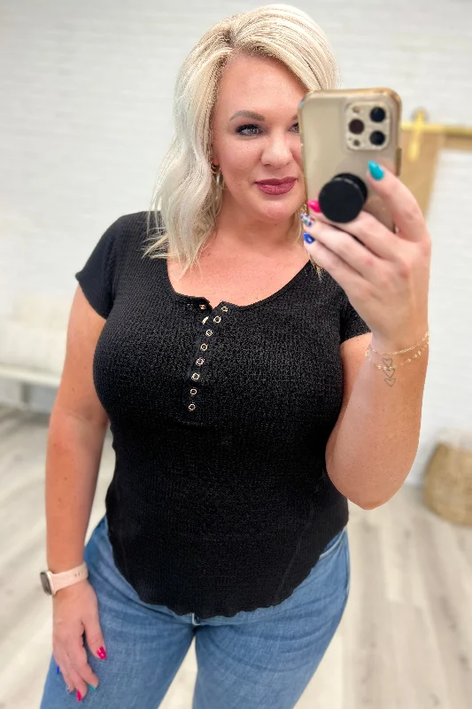 Weekend Savings Extravaganza Baby Waffle Cap Sleeve Henley in Black