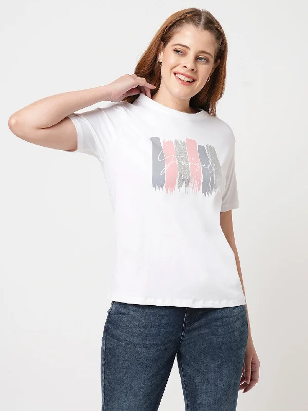 Limited Time Offer Women Slim Fit White Boxy T-Shirt Chest Print