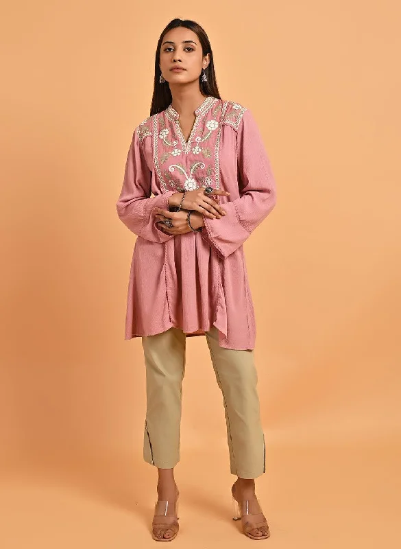 Epic Deals Pink Collared Tunic with Embroidery at Yoke