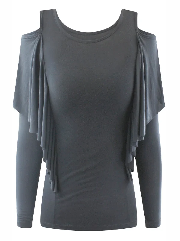 Exclusive Preview Charcoal Gray Womens Cold Shoulder Sleeve Ruffled Top Size Small