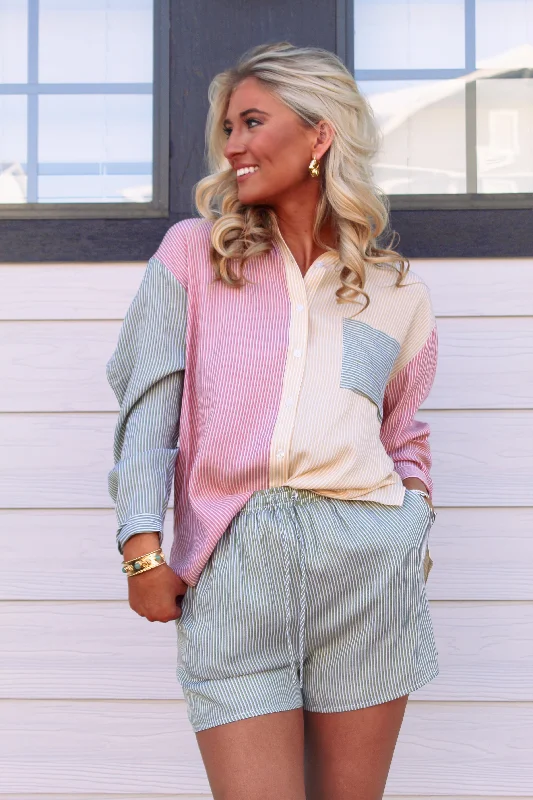Weekend Savings Bonanza Oasis Color Block Button Up