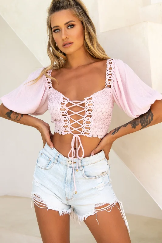 Savings Alert Golden Hour Lace-Up Front Crochet Crop Top Pink