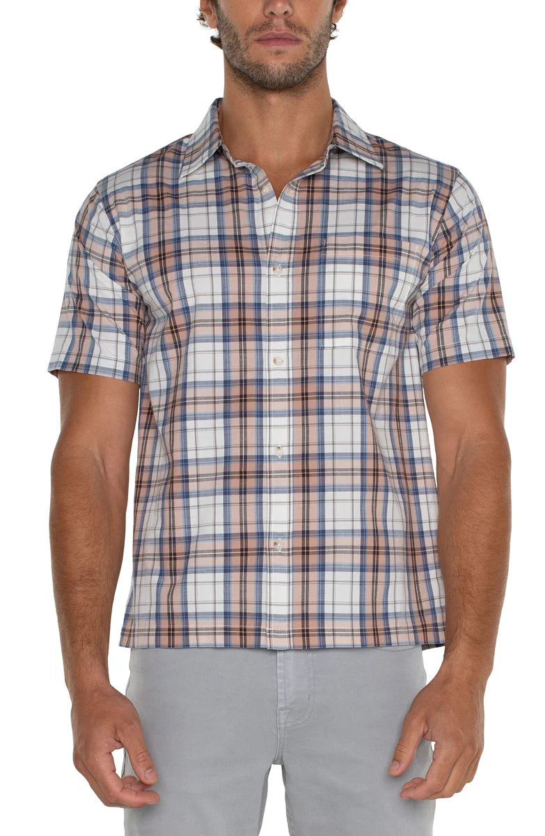 Great Bargains Short Sleeve Button Up Shirt in White Peach Multi