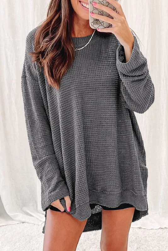 Unmissable Offer Black Plain Waffle Knit Drop Sleeve Side Slits Oversized Top