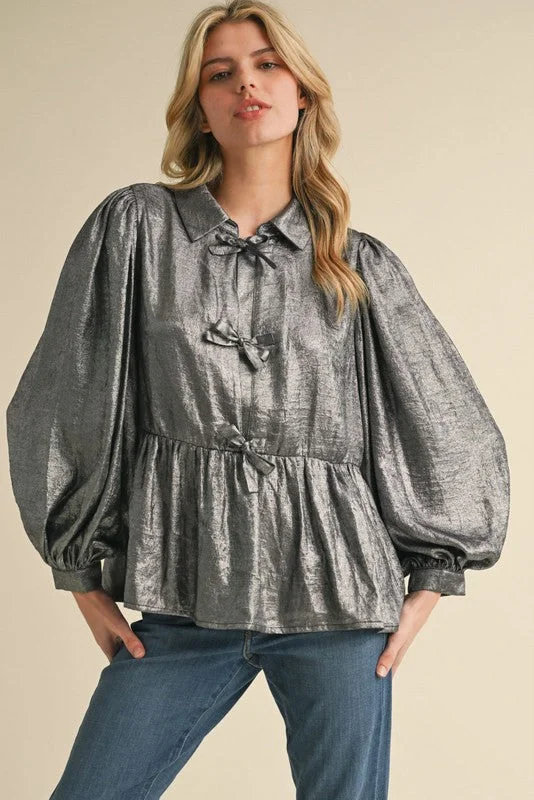 Massive Savings Draw Your Attention Gunmetal Metallic Bow Detail Top