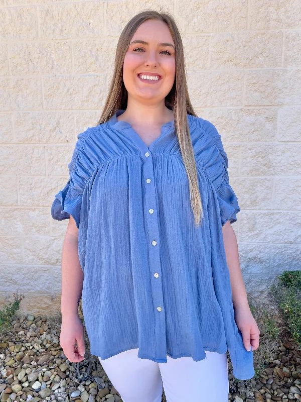 Weekend Discounts You Deserve Simple Times Blue Button Down Top
