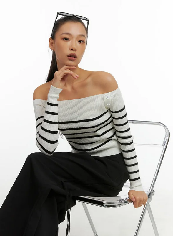 Buy Today Stripe Buttoned Off-Shoulder Top IO409