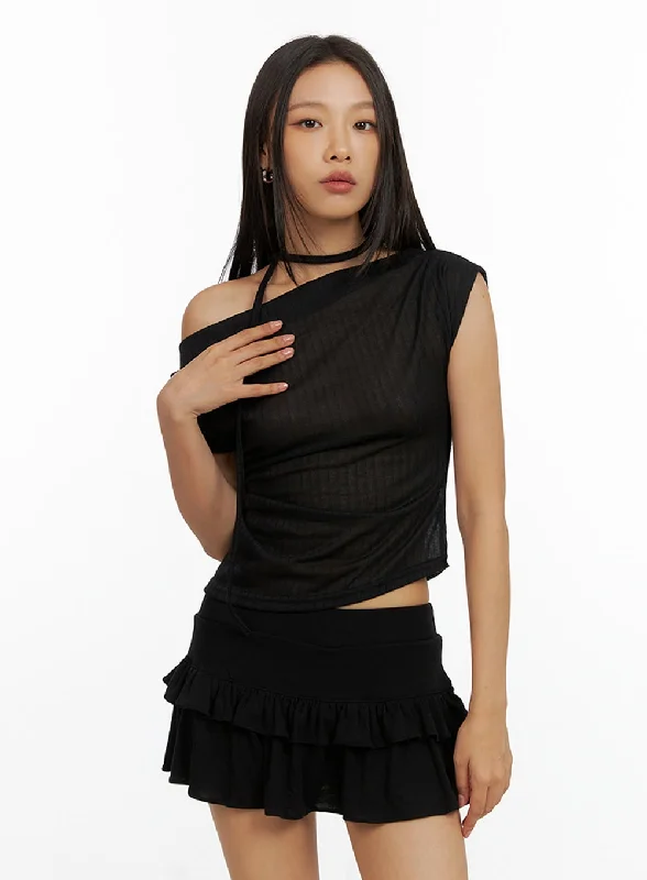 Weekend Bargains to Enjoy One Shoulder Crop Top with Thin Scarf Set IL409
