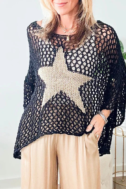 Savings Soar This Weekend Black Star Hollow Knitted Oversized Summer Tee