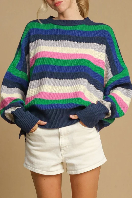 Mega Sale KaleaBoutique Rainbow Striped Crew Neck Drop Shoulder Sweater