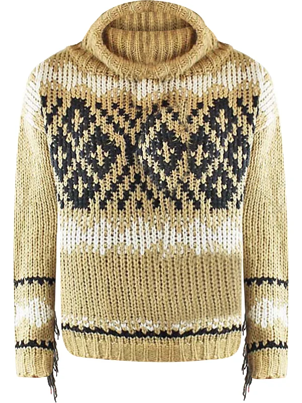 Today's Deal Tan Knit Turtleneck Sweater With Fringed Sleeves