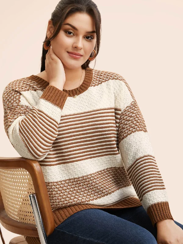 Crazy Deal Round Neck Striped Patchwork Texture Pullover