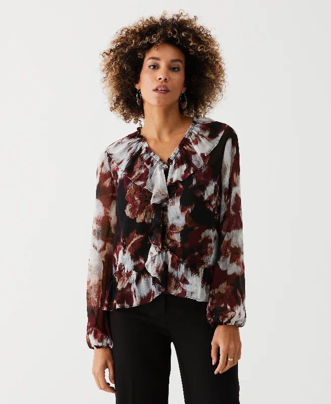 Weekend Discounts to Enjoy Petite Printed V-Neck Ruffle Blouse