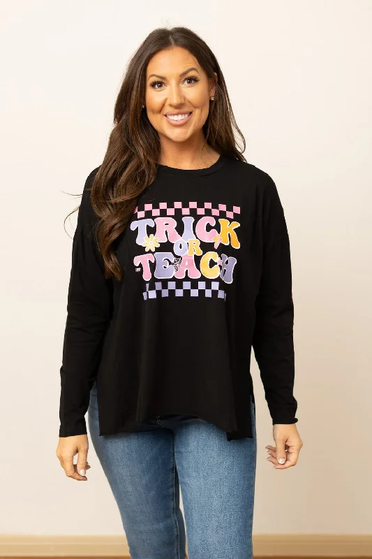 Price Drop Trick or Teach on Black Long-sleeved T-shirt with Side Stitching